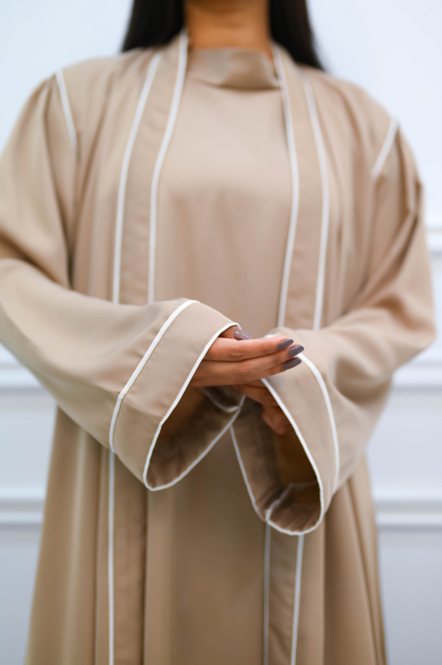 The Serene Minimalist Abaya – Taupe Beige with White Silk Piping