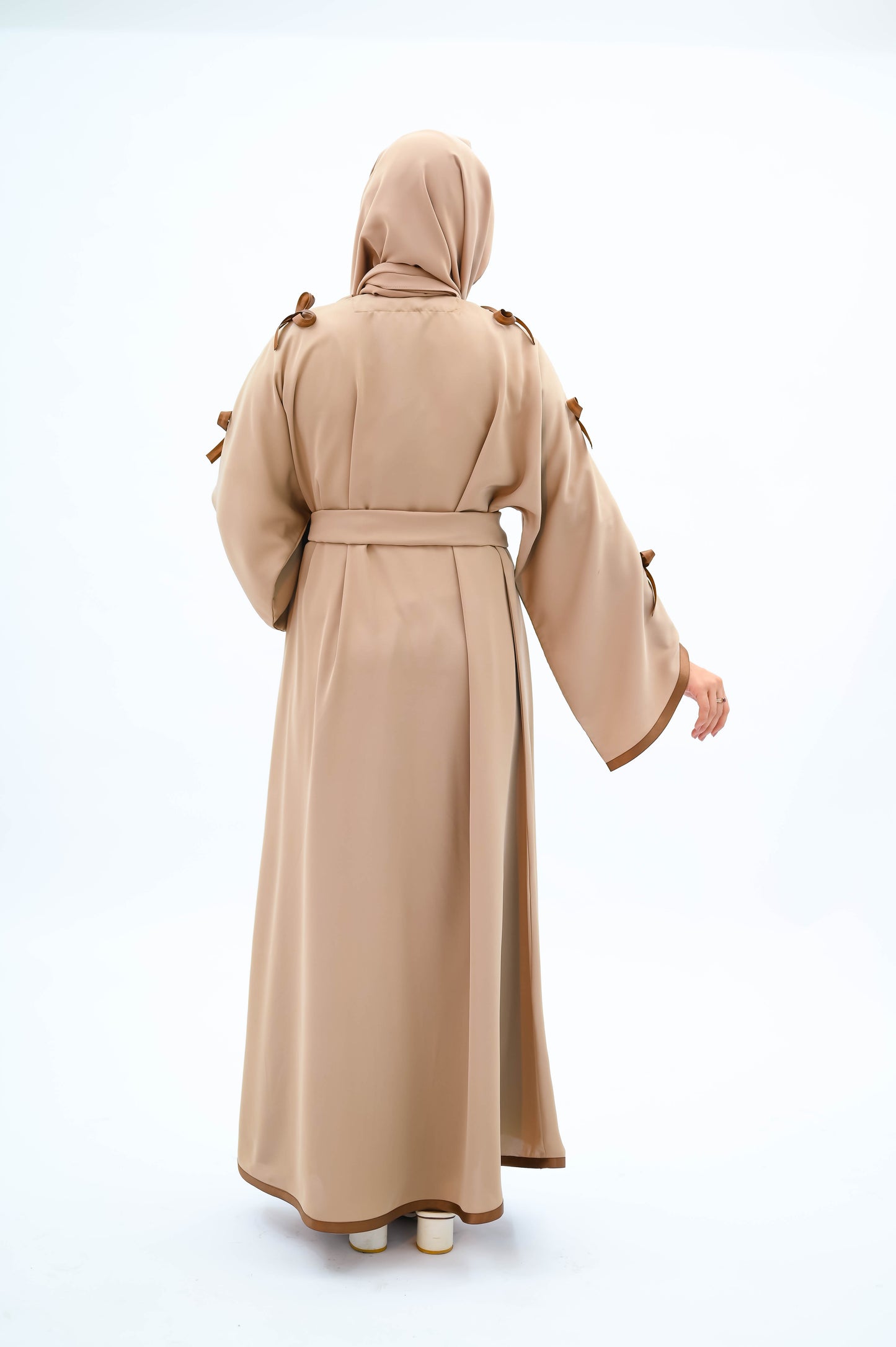 The Willow Bow Abaya – Sand Beige with Chocolate Contrast Detail