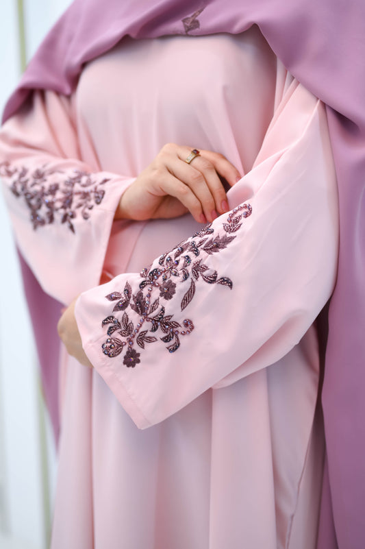 The Dusty Rose Cape Abaya – Layered Floral Embroidery Set