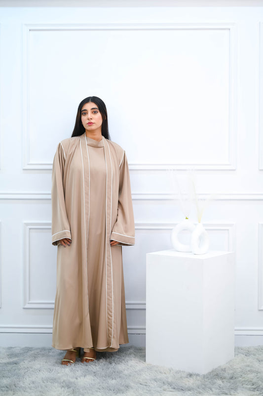 The Serene Minimalist Abaya – Taupe Beige with White Silk Piping