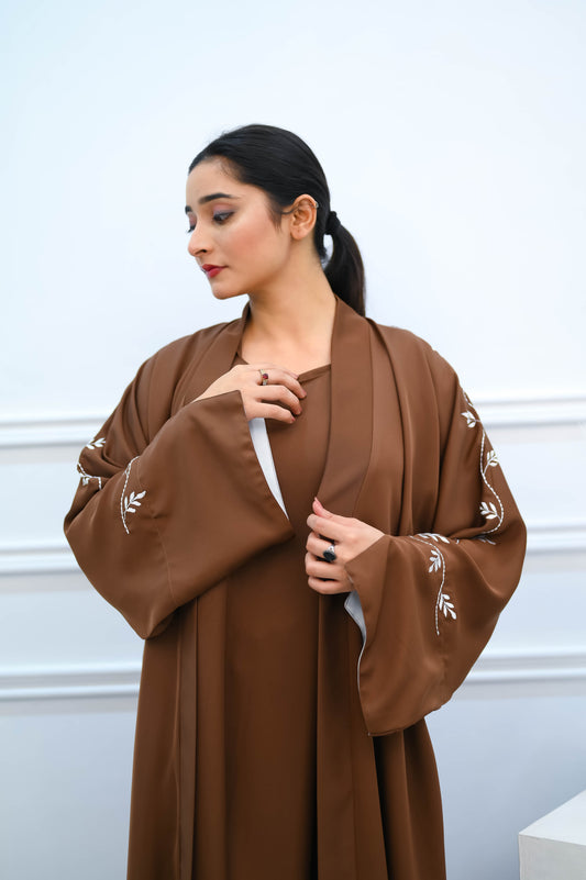 The Earth & Vine Abaya – Rich Chocolate with Botanical Embroidery