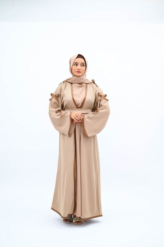 The Willow Bow Abaya – Sand Beige with Chocolate Contrast Detail