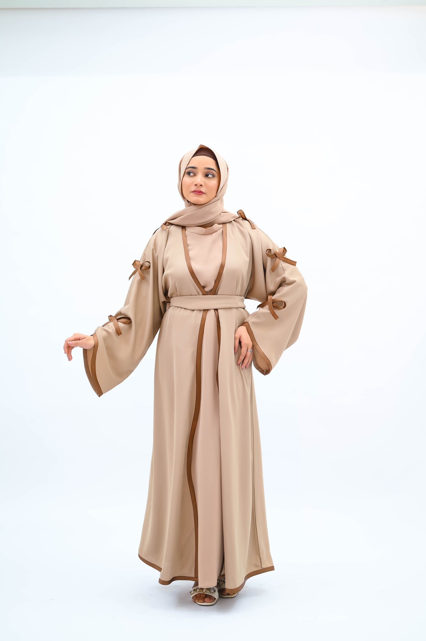 The Willow Bow Abaya – Sand Beige with Chocolate Contrast Detail